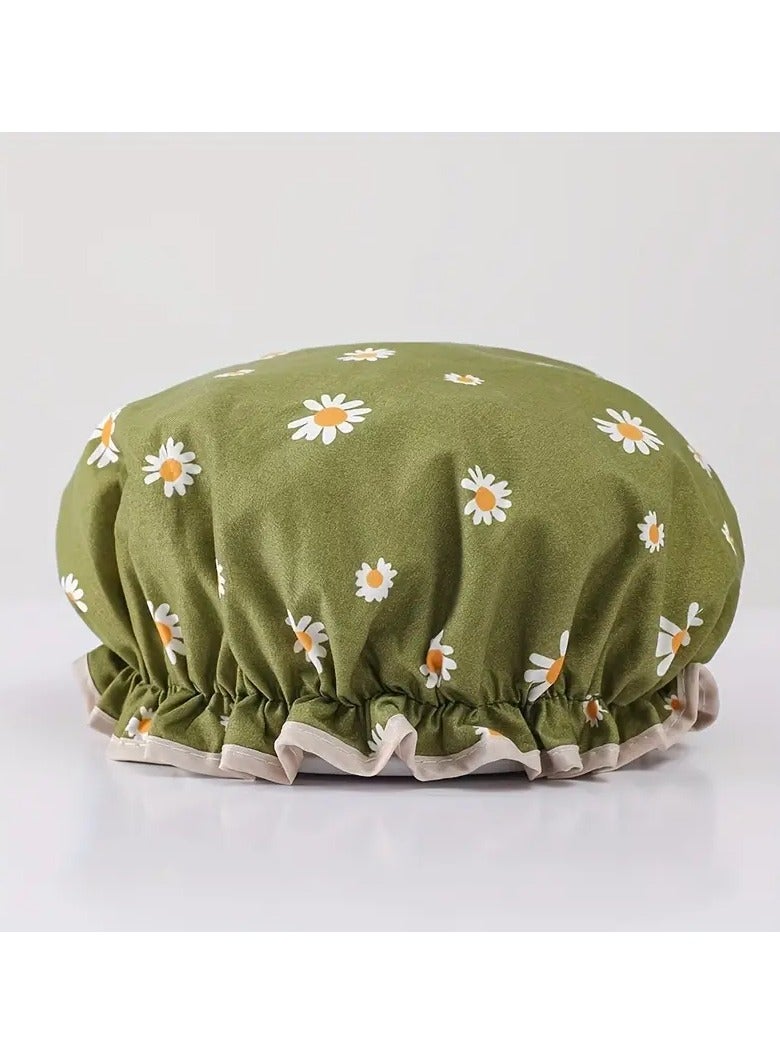Ucanbe 1pc Double Layer Waterproof Shower Cap - Adjustable Printed Daisy Bonnet, Elastic Band Hair Hat for Women, Ideal for Bath, Spa & Salon（Daisy Olive Green） - Image 1
