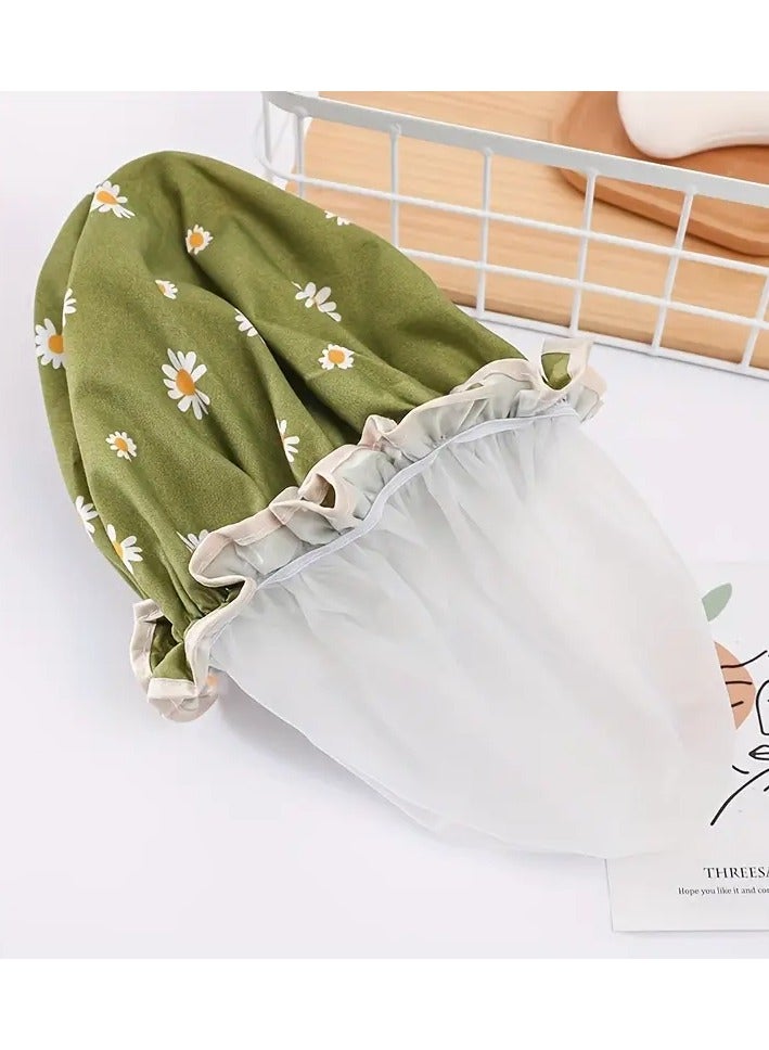 Ucanbe 1pc Double Layer Waterproof Shower Cap - Adjustable Printed Daisy Bonnet, Elastic Band Hair Hat for Women, Ideal for Bath, Spa & Salon（Daisy Olive Green） - Image 3