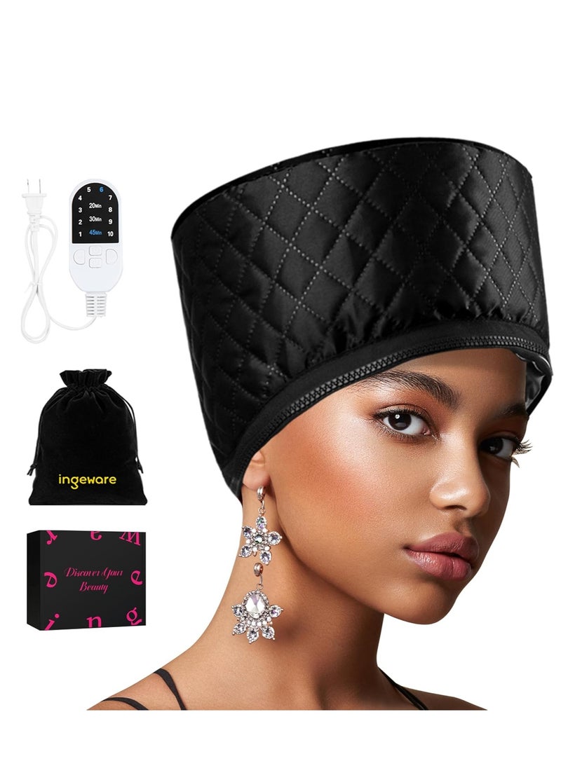 ingeware Heat Cap for Deep Conditioning, Ingeware Thermal Cap for Hair Steamer Cap for Natural Hair Portable Electric Heat Hair Spa Cap for Home Use Pattern (Solid Black)  - Image 1