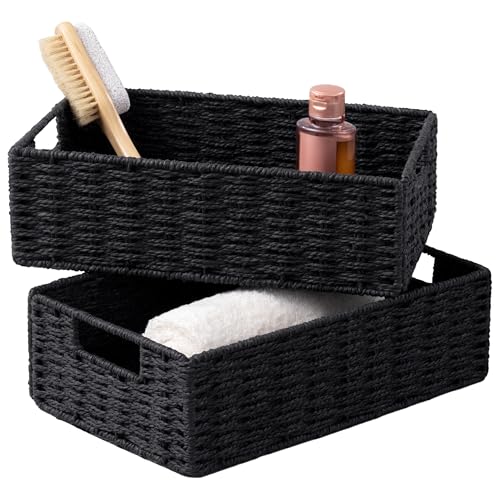 UBBCARE 2 Pack Wicker Basket, 11.5L×7.5H×3.5W inch Woven Paper Rope Storage Baskets for shelves, Foldable Rectangular Storage Baskets with Handle, Storage Basket for Organizing, Black - Image 1
