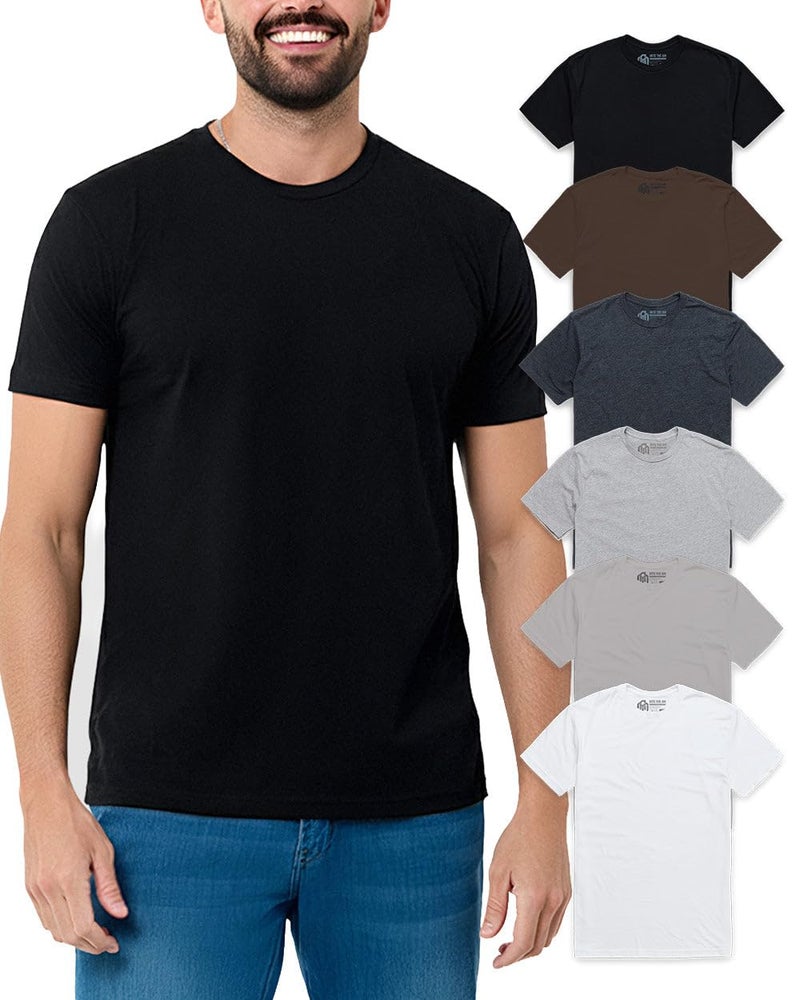 INTO THE AM Men's Plain Basic Tees 6 Pack Multipack - Fitted Essential Crewneck Blank Gym Classic Casual True Fit Fashion Undershirts for Guys (Black/Brown/Charcoal/Grey/Ivory/White, X-Large) - Image 1
