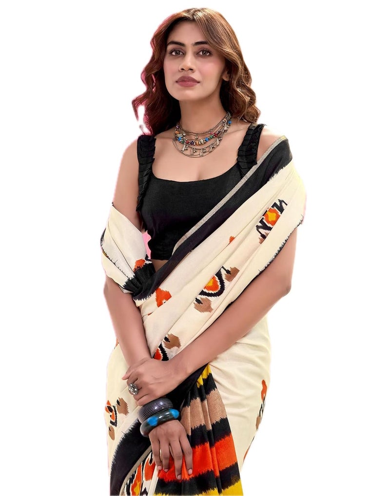 Yashika Women's Art Silk Abstract Ikat Pattern Printed Saree | Cream Color Saree | Women Sari | Saree_(AZ-YS-OG3-PRATIKA CREAM) - Image 1