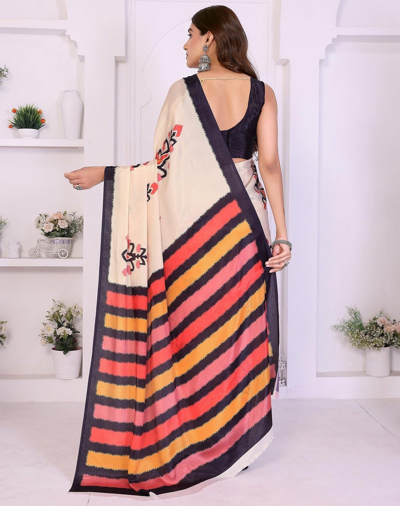 Yashika Women's Art Silk Abstract Ikat Pattern Printed Saree | Cream Color Saree | Women Sari | Saree_(AZ-YS-OG3-PRATIKA CREAM) - Image 4