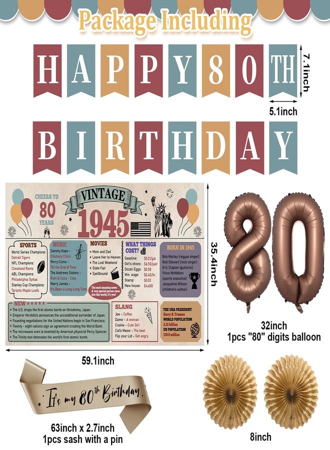 Guiruiy 21PCS 80th Birthday Decorations Kit for Men Women, Newspaper Vintage 1945 80th Bday Banner Balloon Honeycomb Centerpieces Swirls Party Supplies, Eighty Years Old Bday Paper Fan Sash Set - Image 2