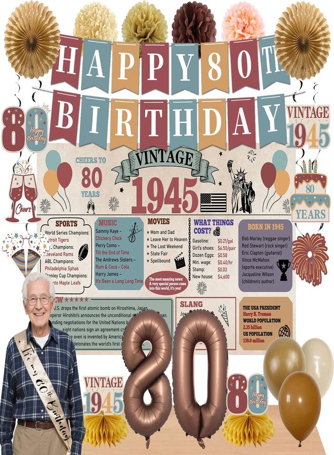 Guiruiy 21PCS 80th Birthday Decorations Kit for Men Women, Newspaper Vintage 1945 80th Bday Banner Balloon Honeycomb Centerpieces Swirls Party Supplies, Eighty Years Old Bday Paper Fan Sash Set - Image 1