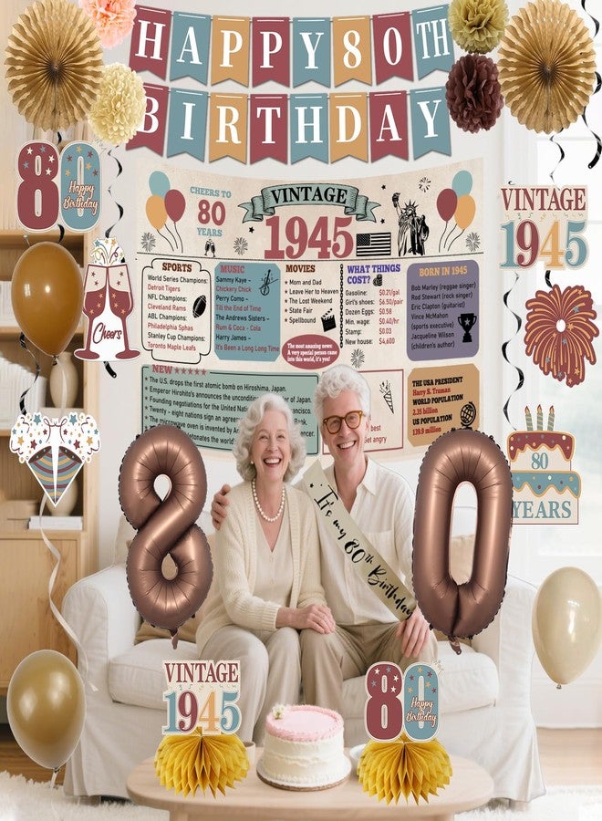 Guiruiy 21PCS 80th Birthday Decorations Kit for Men Women, Newspaper Vintage 1945 80th Bday Banner Balloon Honeycomb Centerpieces Swirls Party Supplies, Eighty Years Old Bday Paper Fan Sash Set - Image 4