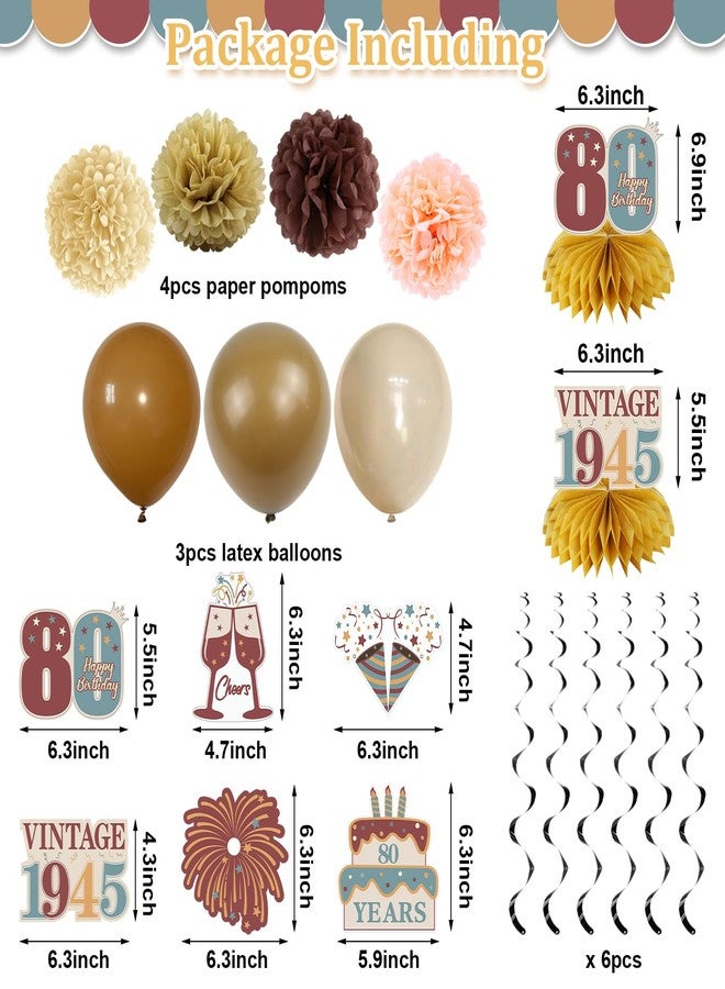 Guiruiy 21PCS 80th Birthday Decorations Kit for Men Women, Newspaper Vintage 1945 80th Bday Banner Balloon Honeycomb Centerpieces Swirls Party Supplies, Eighty Years Old Bday Paper Fan Sash Set - Image 3