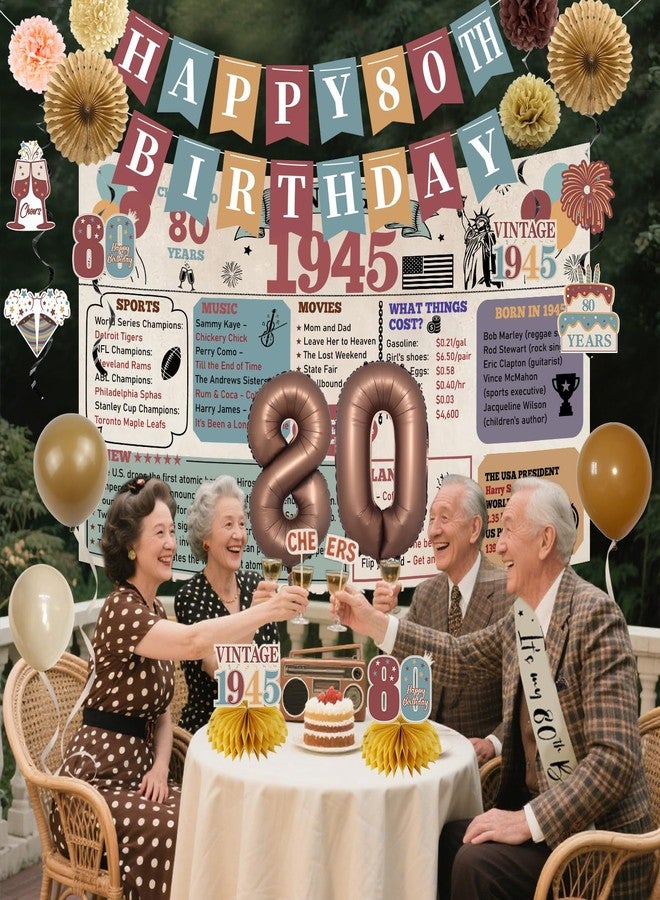 Guiruiy 21PCS 80th Birthday Decorations Kit for Men Women, Newspaper Vintage 1945 80th Bday Banner Balloon Honeycomb Centerpieces Swirls Party Supplies, Eighty Years Old Bday Paper Fan Sash Set - Image 5