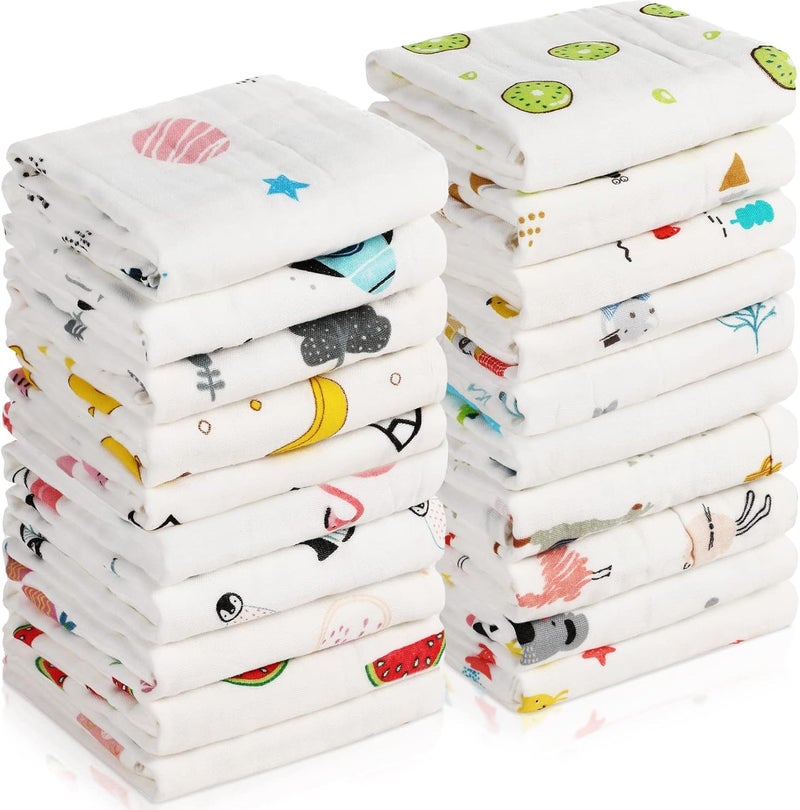 Chumia 20 Pack Muslin Baby Burp Cloths Large 20 x 10 Inches Cotton Baby Burp Rags Towel and Washcloths Face Towels 6 Layers Super Absorbent for Infant Shower20 Styles - Image 1