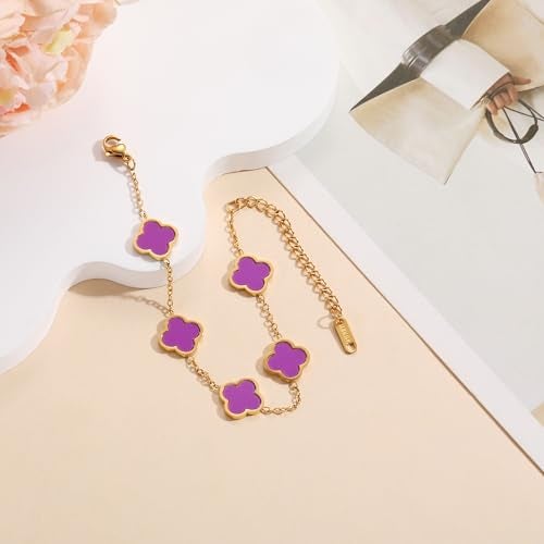 AIPPK 18K Gold Plated Clover Lucky Bracelet for Women White/Black/Red/Green Flower Four Leaf Link Bracelets Trendy Jewelry Gifts for Women (Purple) - Image 4