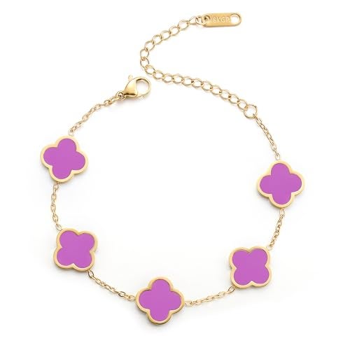 AIPPK 18K Gold Plated Clover Lucky Bracelet for Women White/Black/Red/Green Flower Four Leaf Link Bracelets Trendy Jewelry Gifts for Women (Purple) - Image 1