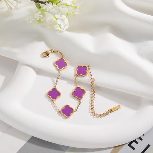 AIPPK 18K Gold Plated Clover Lucky Bracelet for Women White/Black/Red/Green Flower Four Leaf Link Bracelets Trendy Jewelry Gifts for Women (Purple) - Image 3