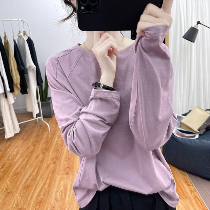 3204 [] Pure Color Long-Sleeved T-Shirt Round Neck Loose Top Retro Bottoming Shirt Patchwork T-Shirt - Image 1
