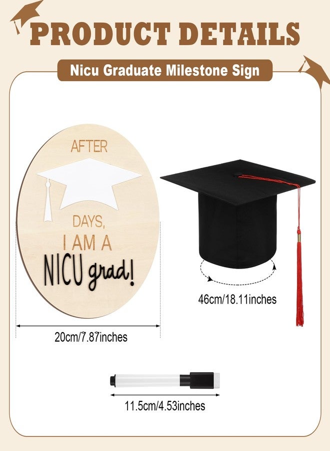 Dunzoom 3pcs Nicu Graduate Milestone Sign Wooden Round Days Counter Newborn Graduation Hat Toddler Infant Doctoral Caps Black Marker for Nicu Baby Gift - Image 2