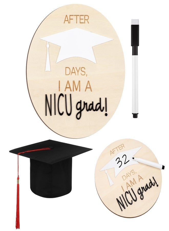 Dunzoom 3pcs Nicu Graduate Milestone Sign Wooden Round Days Counter Newborn Graduation Hat Toddler Infant Doctoral Caps Black Marker for Nicu Baby Gift - Image 1