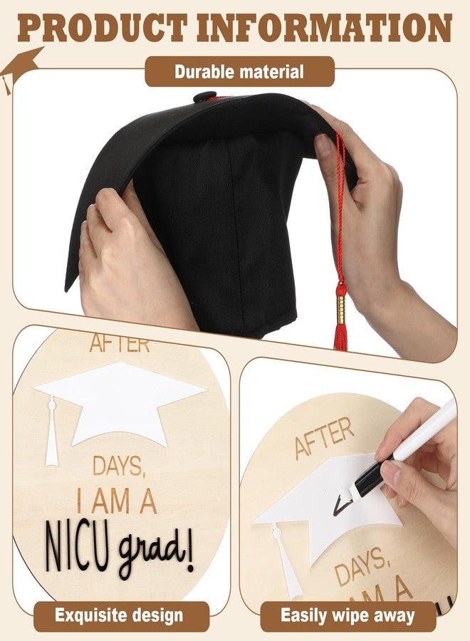 Dunzoom 3pcs Nicu Graduate Milestone Sign Wooden Round Days Counter Newborn Graduation Hat Toddler Infant Doctoral Caps Black Marker for Nicu Baby Gift - Image 3