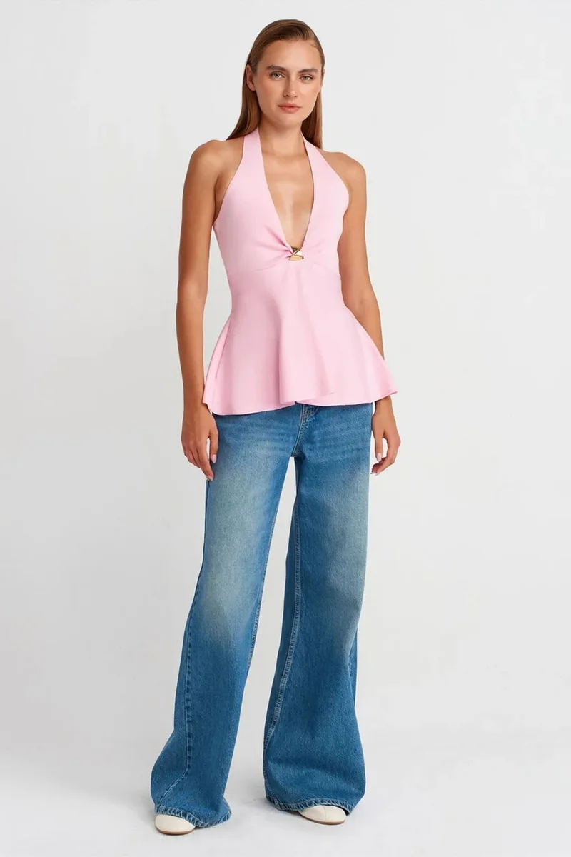 Dilvin Powder Pink DILVIN Seamless Halter Peplum Blouse for Women | Best Price UAE