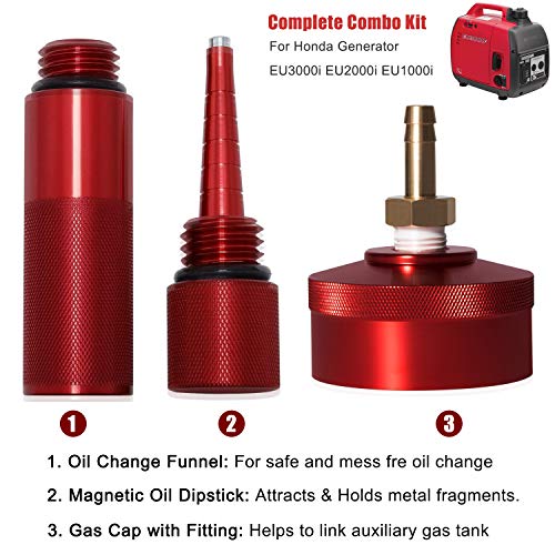 Camoo For Honda EU3000i EU2000i EU1000i Generator Extended Run Gas Cap, Mess Free Oil Change Funnel & Magnetic Oil Dipstick Aluminum Red (Set of 3) - Image 2