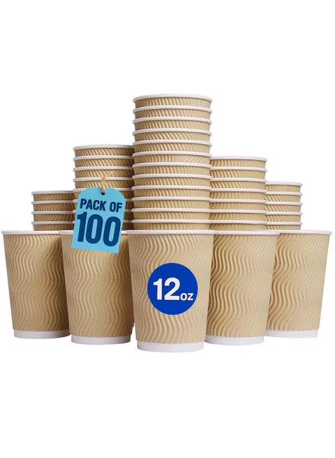 MahMir 12oz. Brown Disposable Ripple Insulated Coffee Cups - Eco-Friendly Disposable Cups - Hot Beverage Corrugated Paper Cups - Sleeve Ripple Wall Paper Coffee Cups for Drink-Tea Cup (12oz. 100pcs)