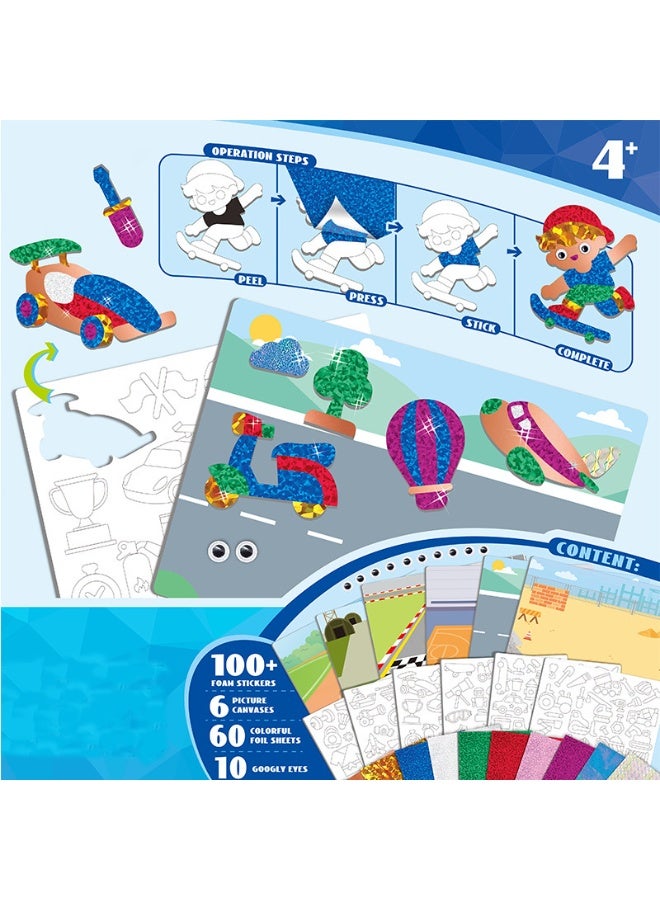 Capstro Foil ART 3D Sticker Craft Kit – Boys Theme | 6 Adventure Canvases with 100+ Foam Stickers & 60+ Colorful Foil Sheets | DIY Foil Paper Craft Kit for Kids Age 4+ | Creative Art Activity Gift for Boys & Girls - Image 2