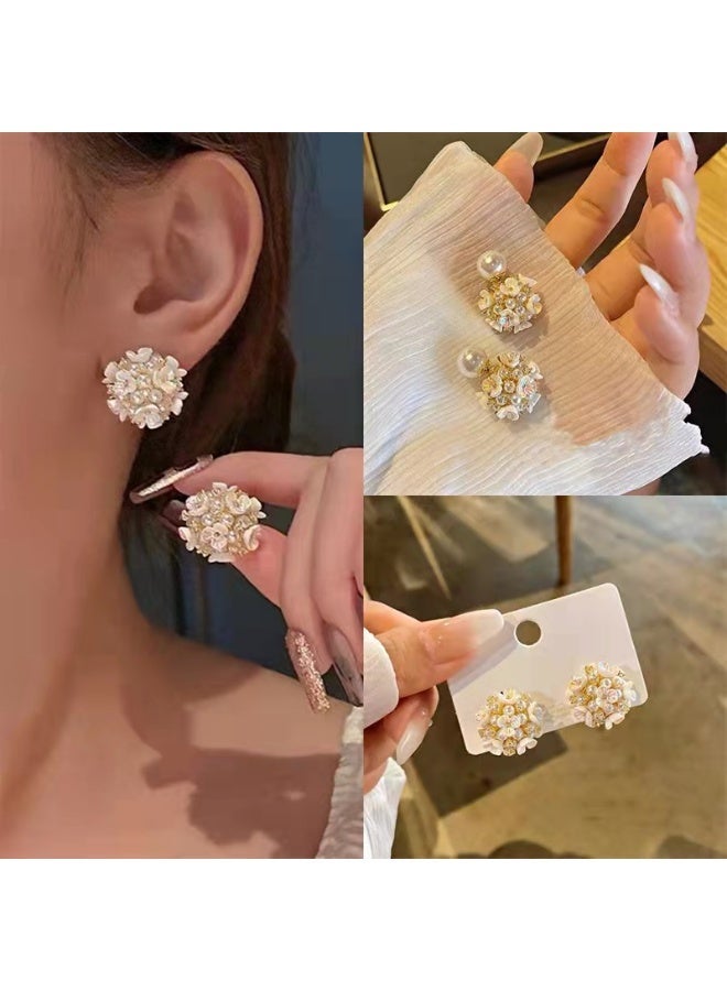 Earrings Silver Needle Zircon Pearl Flower French Retro Shell Spherical Stud Earrings Super Fairy Temperament Versatile Earrings - Image 3