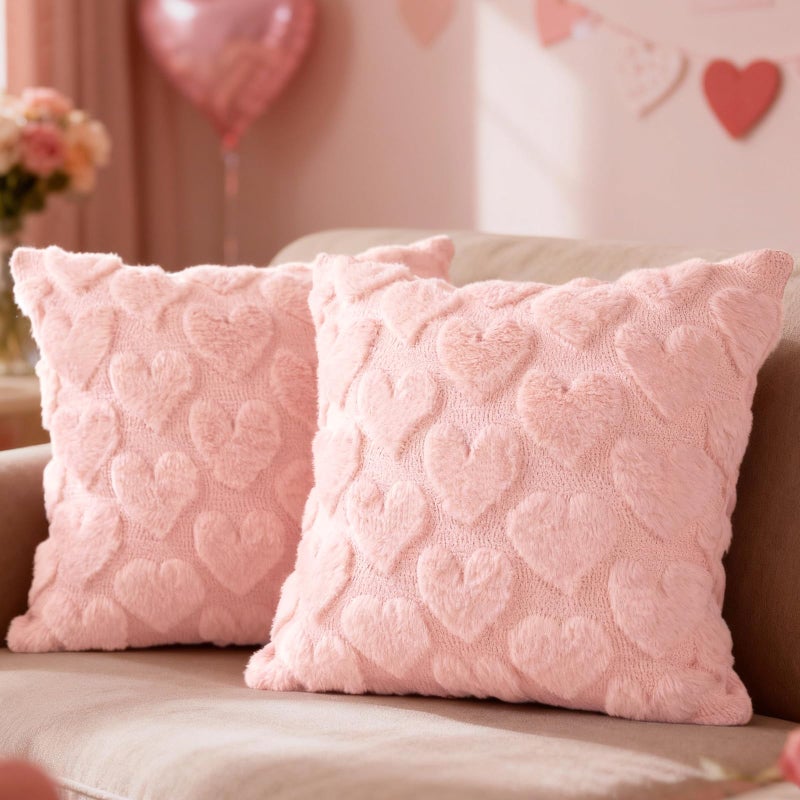 Lanpn Valentines Day Throw Pillow Covers 20x20 inch Set of 2, Valentine Decoration Soft Plush Love Pillowcase Faux Fur Decorative Anniversary Cushion Cover for Sofa Home Decor (Pink, Small Heart) - Image 1