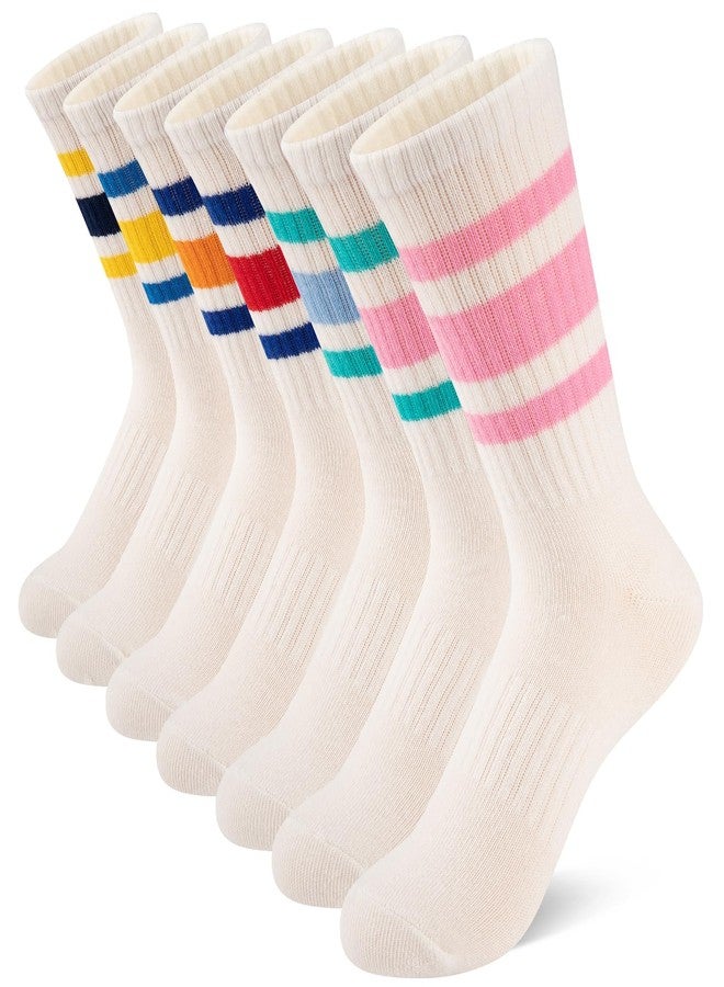 Comfoex Girls Crew Socks Kids Athletic Calf Socks 7 Pairs Soft Cotton & Casual Stripe for Children 8-10 10-12 Years Old - Image 1