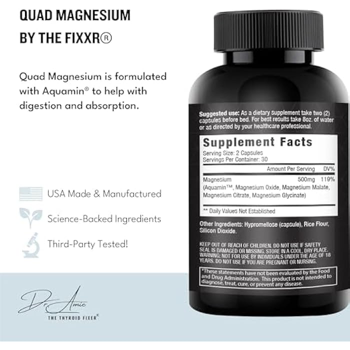Fixxr Quad Magnesium by Dr. Amie | 4 Forms of Magnesium 500 mg per Serving | Formulated with Aquamin to Help with Digestion and Absorption | 30 Day Supply, 60 Capsules - Image 2