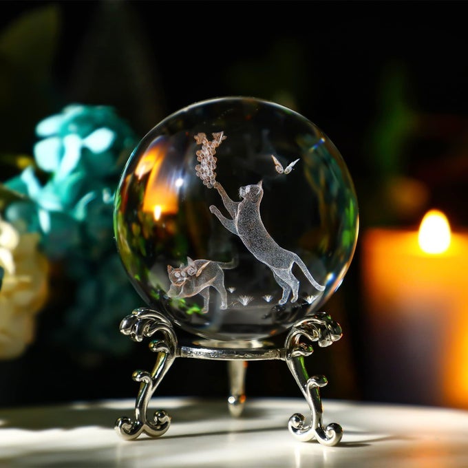 60MM CRYSTAL BALL WITH STAND LASER ENGRAVED CAT SPHERE 3D GLASS ORNAMENT PAPERWEIGHT GIFTS FOR CAT LOVERS