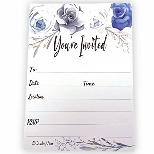 QualityVibe 25 Gray & Blue Flower Invitations With Envelopes, Fill In Style You're Invited, Elegant Gray, Birthdays, Baby & Bridal Showers. Thick & Non Coated Cardstock For Use With Any Pen. - Image 1