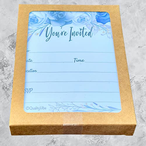 QualityVibe 25 Gray & Blue Flower Invitations With Envelopes, Fill In Style You're Invited, Elegant Gray, Birthdays, Baby & Bridal Showers. Thick & Non Coated Cardstock For Use With Any Pen. - Image 3