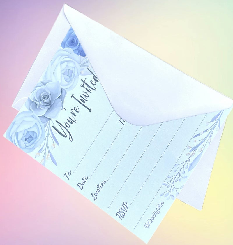 QualityVibe 25 Gray & Blue Flower Invitations With Envelopes, Fill In Style You're Invited, Elegant Gray, Birthdays, Baby & Bridal Showers. Thick & Non Coated Cardstock For Use With Any Pen. - Image 2