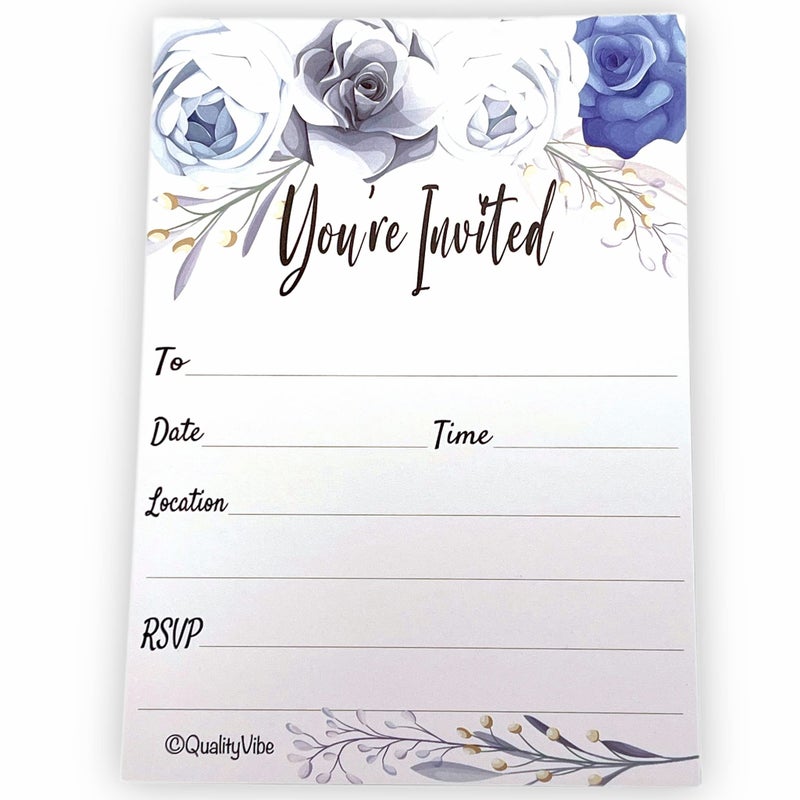 QualityVibe 25 Gray & Blue Flower Invitations With Envelopes, Fill In Style You're Invited, Elegant Gray, Birthdays, Baby & Bridal Showers. Thick & Non Coated Cardstock For Use With Any Pen. - Image 5