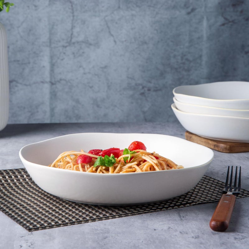 AmorArc 9.75'' Ceramic Large Pasta Bowls, 38oz Stoneware Flat Serving Bowls Set of 4, Oven,Microwave&Dishwasher Safe Bowls with Wavy Rim for Fruit Pasta Salad Meal, Matte White - Image 4