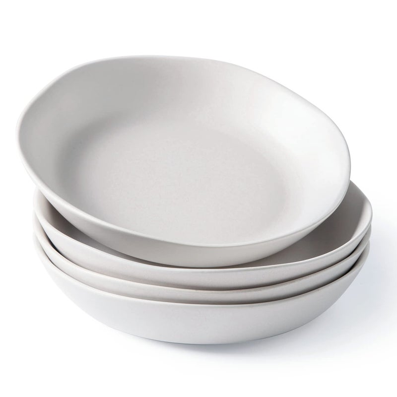 AmorArc 9.75'' Ceramic Large Pasta Bowls, 38oz Stoneware Flat Serving Bowls Set of 4, Oven,Microwave&Dishwasher Safe Bowls with Wavy Rim for Fruit Pasta Salad Meal, Matte White - Image 1