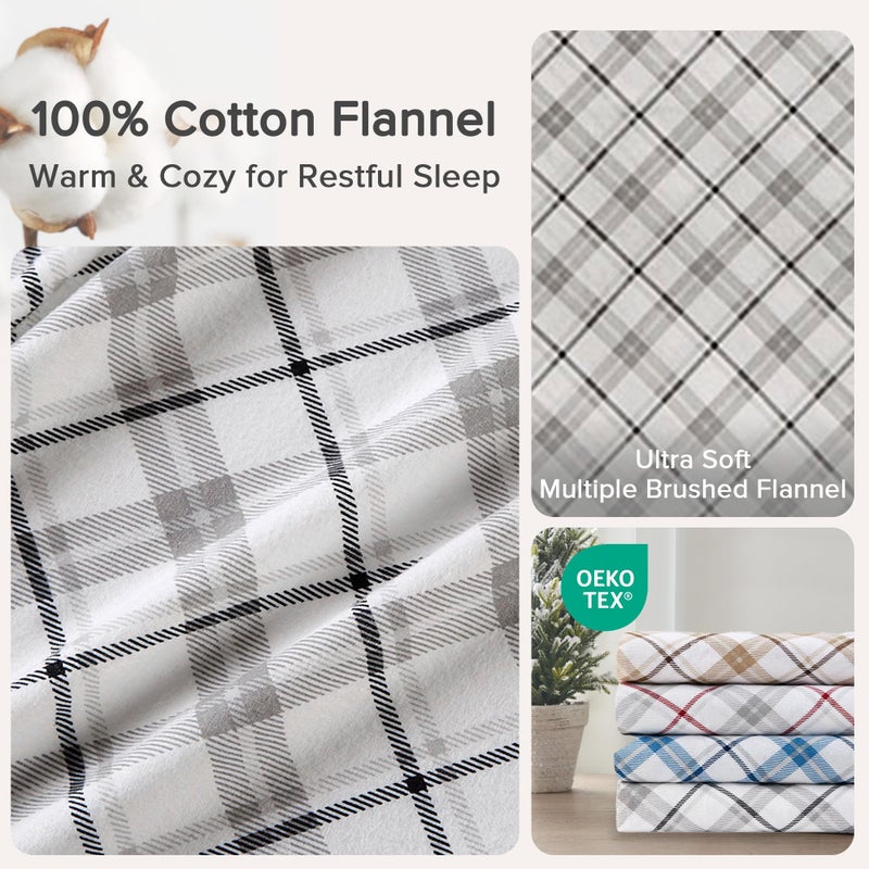 Comfort Spaces Cotton Flannel Sheets Queen Size, Ultra Soft Flannel Sheet Set with 14" Elastic Pocket Fits up to 16" Mattress, Plaid Print Warm Flannel Bedding, Grey Plaid 4 Piece - Image 4