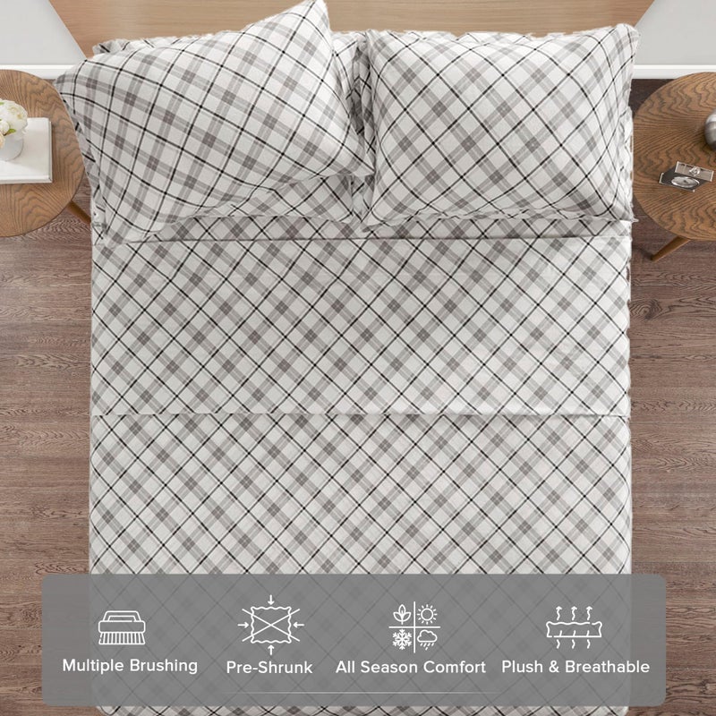 Comfort Spaces Cotton Flannel Sheets Queen Size, Ultra Soft Flannel Sheet Set with 14" Elastic Pocket Fits up to 16" Mattress, Plaid Print Warm Flannel Bedding, Grey Plaid 4 Piece - Image 3