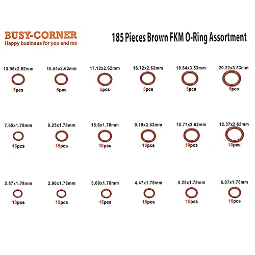 BUSY-CORNER 185 Pieces FKM Brown O-Ring Kit,75A Durometer,18 Kind AS-568 Standard Sizes,ID 2.57mm-20.22mm Thickness 1.78mm 2.62mm 3.53mm - Image 2