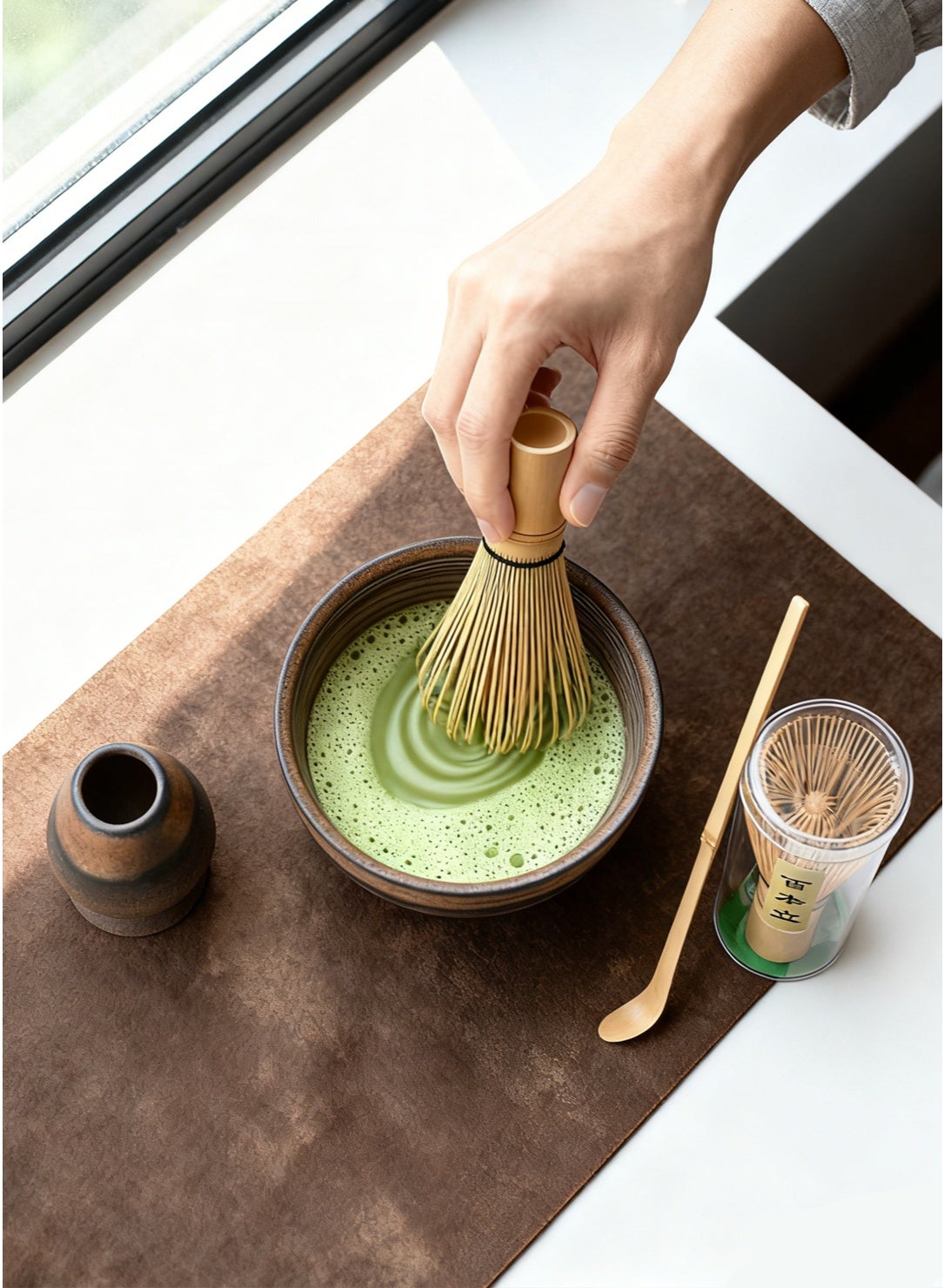 طقم شاي ماتشا، وعاء ماتشا خزفي مزجج مع خفاقة خيزرا...
