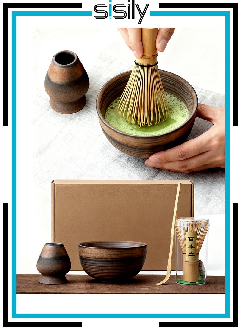 سيسلي طقم شاي ماتشا، وعاء ماتشا خزفي مزجج مع خفاقة خيزران وحامل خفاقة وملعقة ماتشا، 4 قطع - Image 1