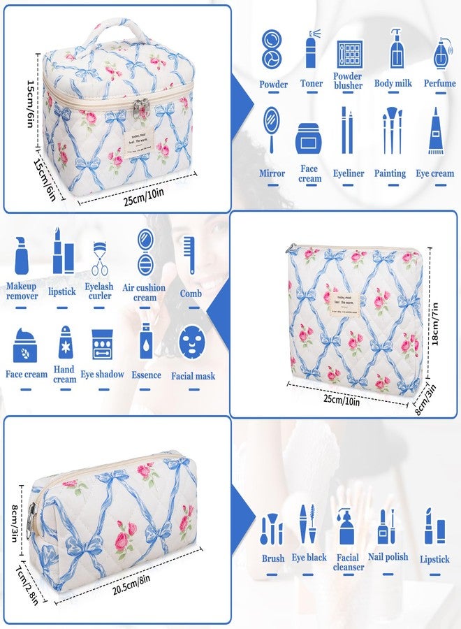 Gosect Makeup Bag Set, Quilted Makeup Bag, Large Floral Cosmetic Bag for Women, Cute Cotton Makeup Bags, Flower Travel Toiletry Organizer Bag (Blue Flower) - Image 2