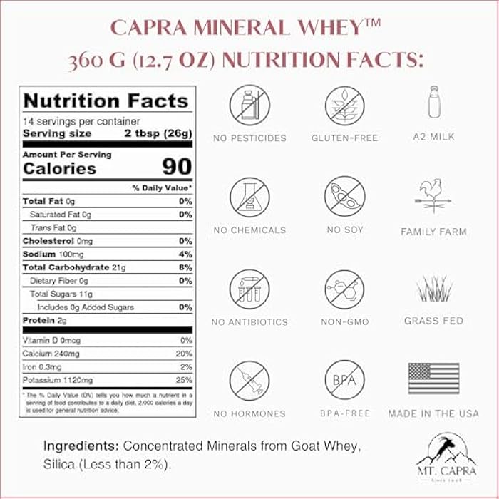 MT. CAPRA SINCE 1928 Mt. Capra Mineral Whey | A Whole Food, Bio-Available Mineral/Electrolyte Powder Supplement from Goat Milk Whey, Rich in Potassium, Alkalizing | 14 Servings - 12.7 oz - Image 2