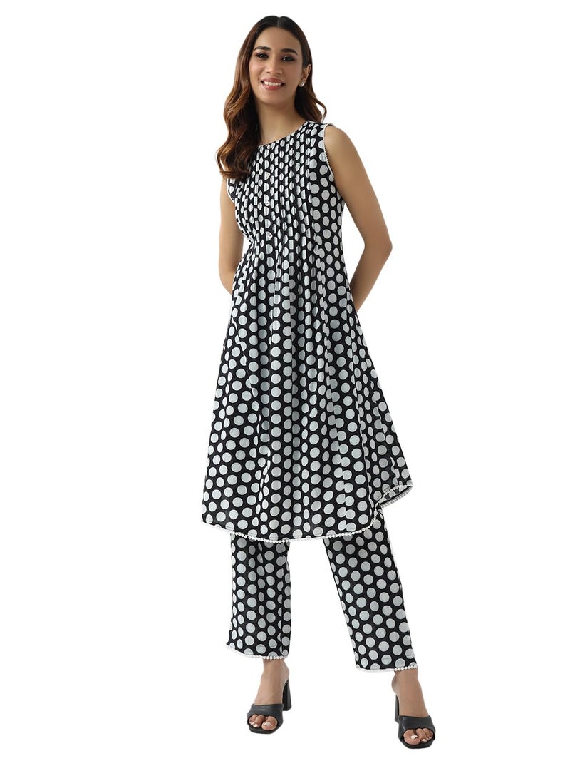 FIORRA Women's Black & White Cotton Flared Kurta Set - Image 1