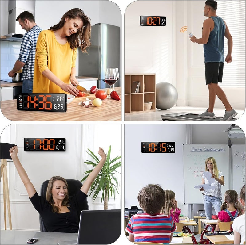 RtnSparsh Digital LED Wall Clock for Living Room Decor Large Display with Date Temperature Week Desk Alarm Clock for Bedroom with Remote Control for Office Home Orange White - Image 2