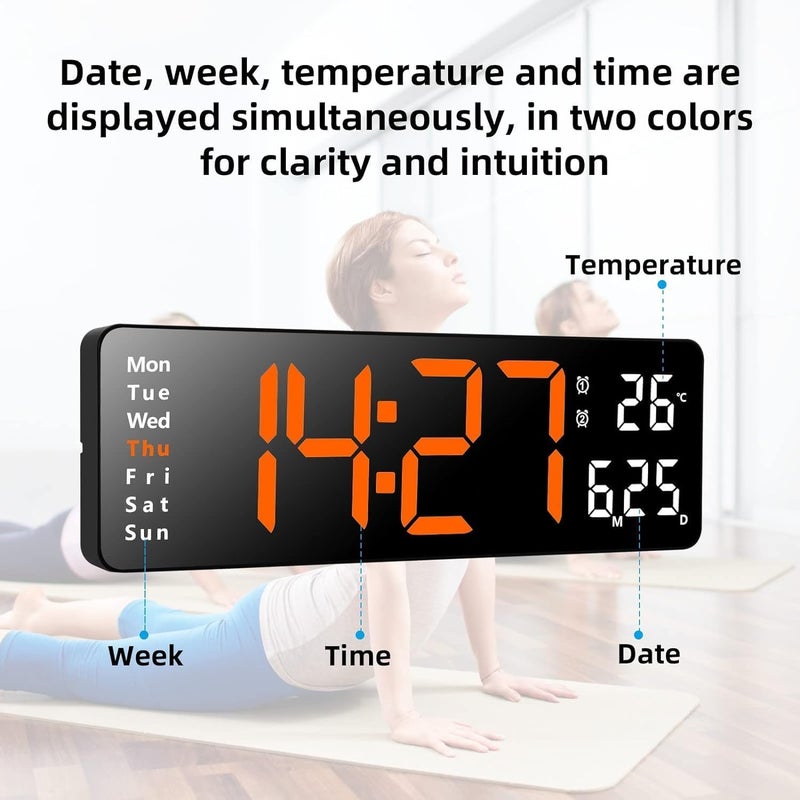 RtnSparsh Digital LED Wall Clock for Living Room Decor Large Display with Date Temperature Week Desk Alarm Clock for Bedroom with Remote Control for Office Home Orange White - Image 4
