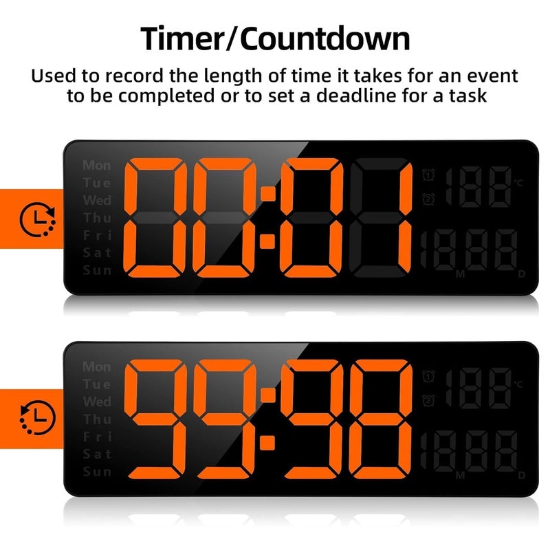 RtnSparsh Digital LED Wall Clock for Living Room Decor Large Display with Date Temperature Week Desk Alarm Clock for Bedroom with Remote Control for Office Home Orange White - Image 5