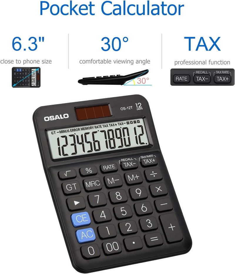 OSALO Pocket Small Desktop Calculator 12 Digit Large Lcd Display Basic Tax Function Handheld Solar Battery Dual Power Perfect For Office, School, Business Desk Calculators (Os-12T Black) - Image 4