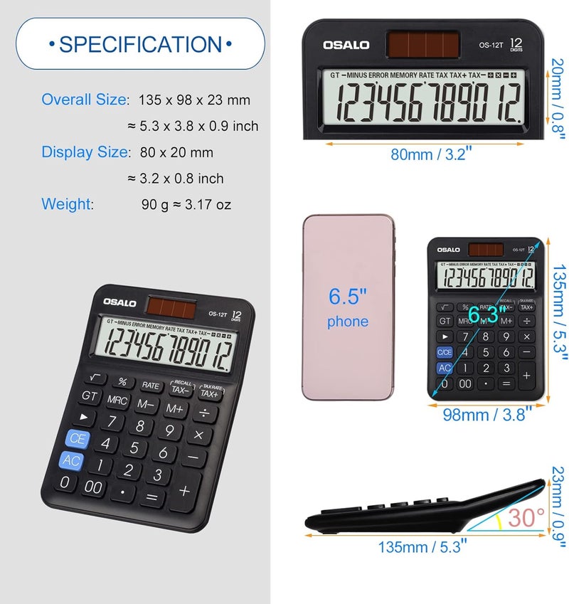 OSALO Pocket Small Desktop Calculator 12 Digit Large Lcd Display Basic Tax Function Handheld Solar Battery Dual Power Perfect For Office, School, Business Desk Calculators (Os-12T Black) - Image 3
