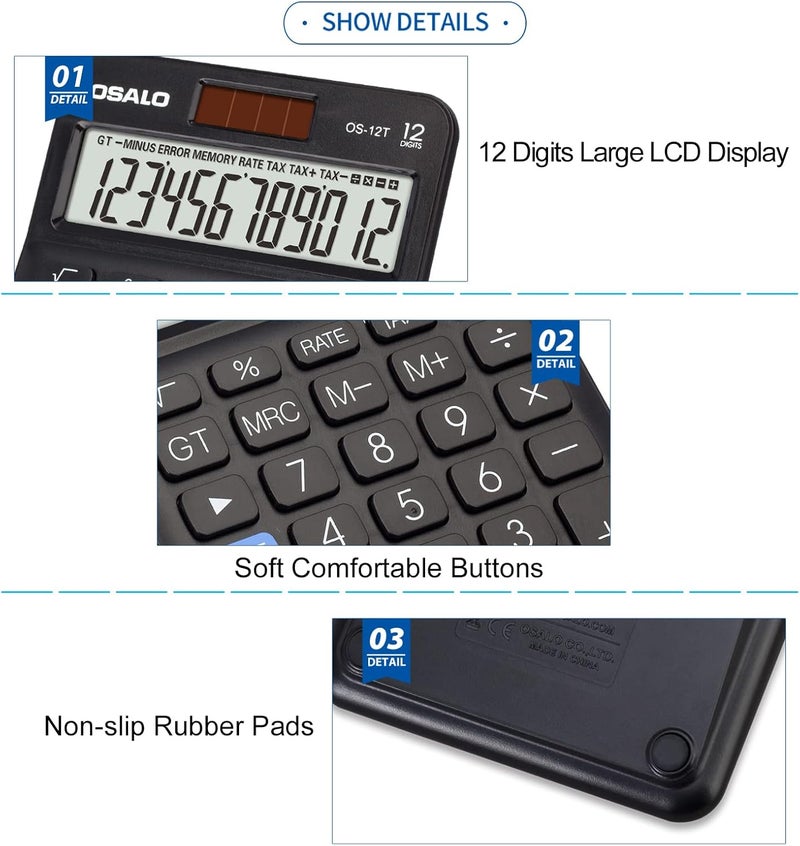 OSALO Pocket Small Desktop Calculator 12 Digit Large Lcd Display Basic Tax Function Handheld Solar Battery Dual Power Perfect For Office, School, Business Desk Calculators (Os-12T Black) - Image 2