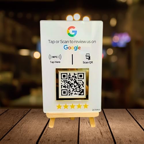 tinydabba NFC & QR Tap or Scan Feedback Standee for Business – Contactless Link Sharing for Shops, Clinics, Salons, Restaurants – Golden Border - Acrylic Standee - Image 1